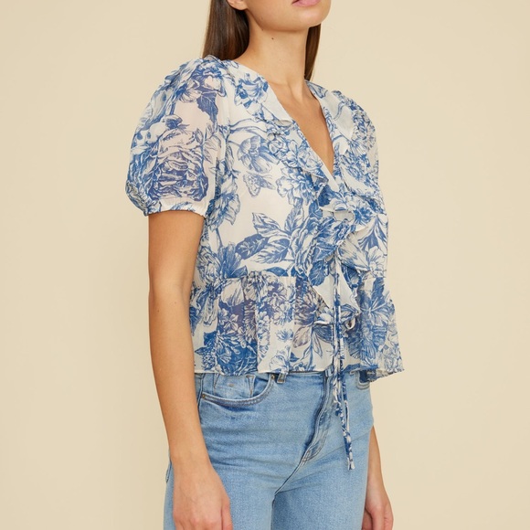 Lucy Paris Blue and White Puff Sleeve Blouse with Ruffled Peplum - Picture 2 of 4